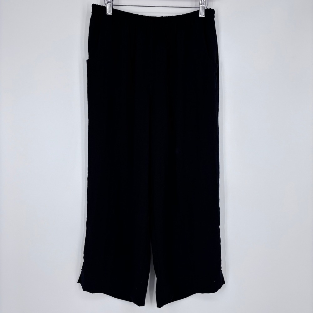 Fridaze Linen Pants Womens Large Black Wide Leg Elastic Waist Lagenlook Coastal